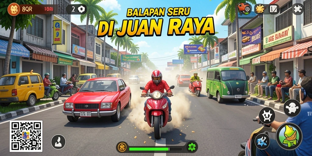 Gambar menampilkan balapan seru di jalan dengan mobil cepat.