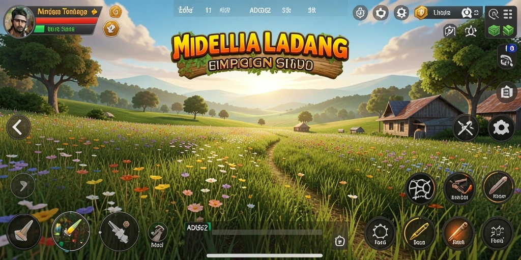 Screenshot gameplay ADG62 menampilkan ladang yang subur dan aktivitas bertani.