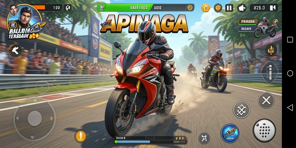 Screenshot gameplay APINAGA menampilkan balapan motor yang mendebarkan.