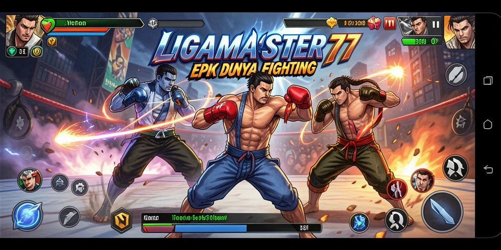 Screenshot gameplay LIGAMASTER77 menampilkan pertarungan seru dan karakter menakjubkan.